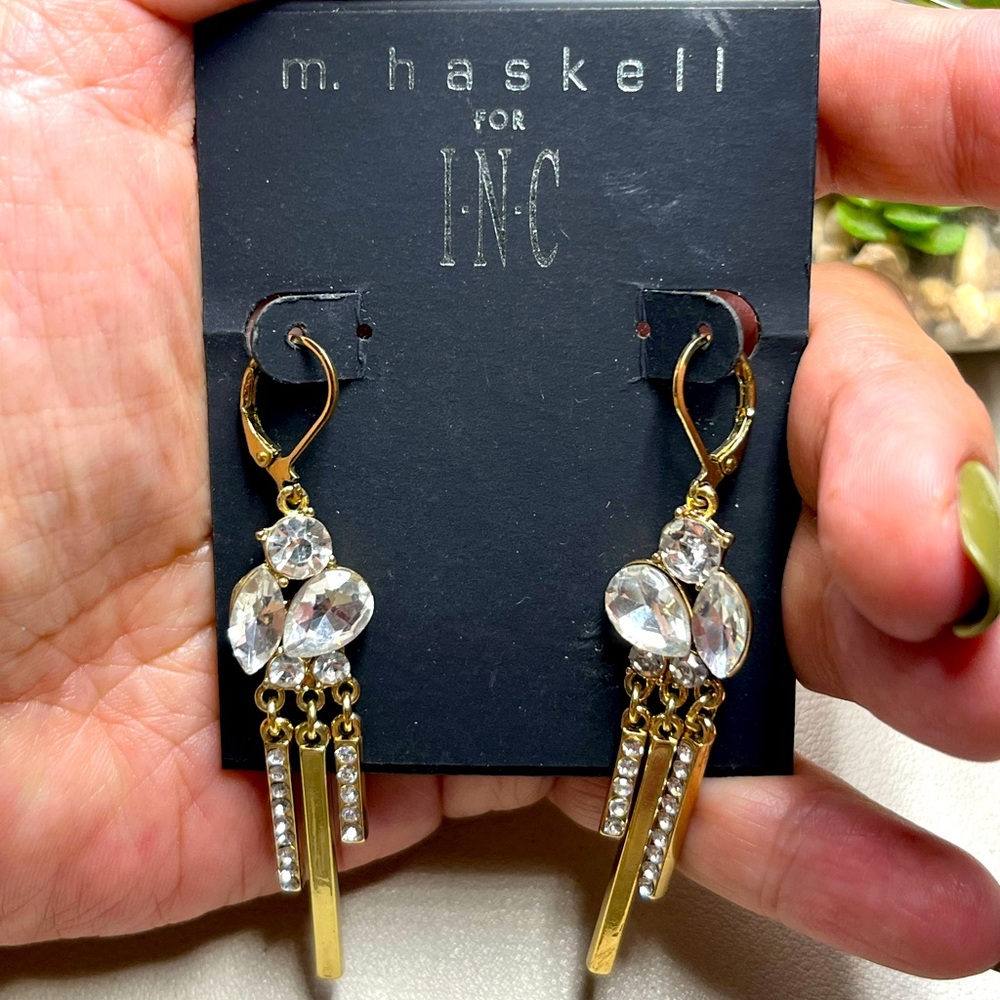 m. haskell for I.N.C. gold tone rhinestone bar tassel drop earrings